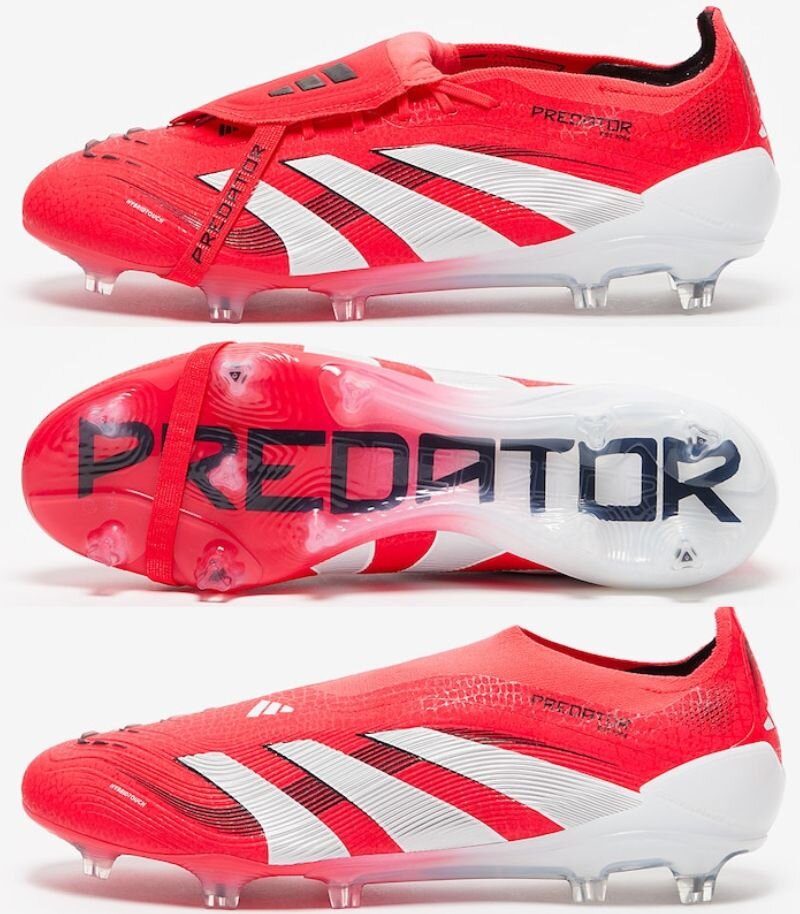adidas predator football boots in red with fold over tongue, showing boot and the boot sole plate